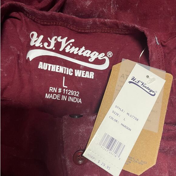 US Vintage Mens Maroon Burgundy Cotton Henley Long Sleeve Basic Shirt NEW Large - Picture 7 of 9